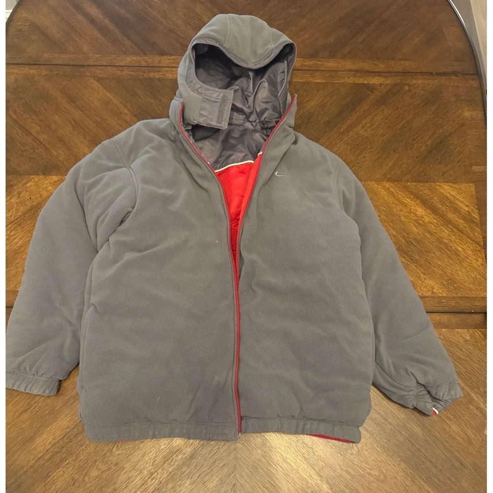 Nike Boys Reversible Fleece Windbreaker Hooded Jacket Red Grey XL 18-20 |O1‎